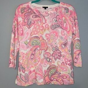 EUC Talbots Neon Pink Paisley 3/4 Sleeve Knit Sweater Size Small Petite